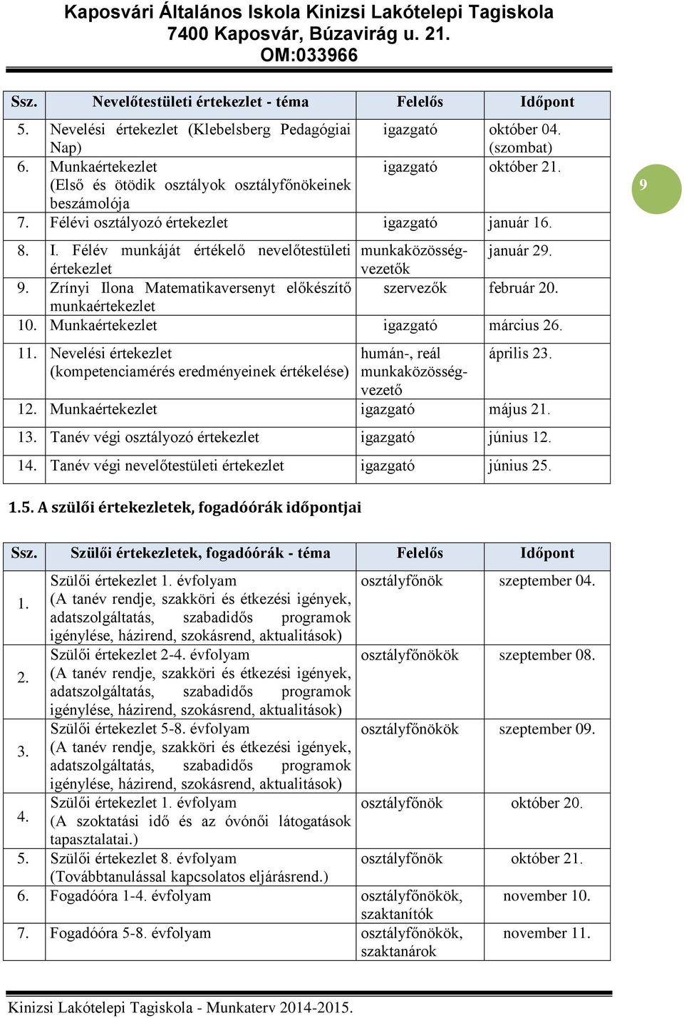 Zrínyi Ilona Matematikaversenyt előkészítő szervezők február 20. munkaértekezlet 10. Munkaértekezlet igazgató március 26. 11.