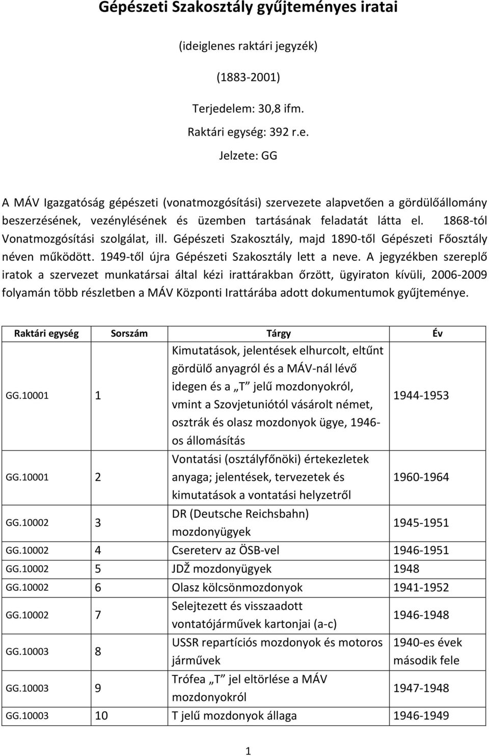 A jegyzékben szereplő iratok a szervezet munkatársai által kézi irattárakban őrzött, ügyiraton kívüli, 2006-2009 folyamán több részletben a MÁV Központi Irattárába adott dokumentumok gyűjteménye.