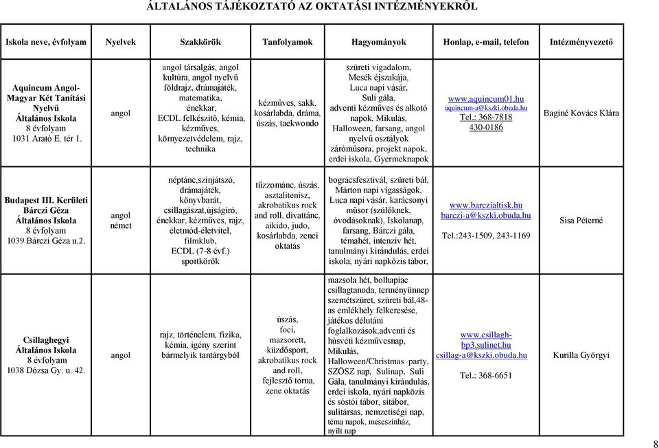 angol angol társalgás, angol kultúra, angol nyelvű földrajz, drámajáték, matematika, énekkar, ECDL felkészítő, kémia, kézműves, környezetvédelem, rajz, technika kézműves, sakk, kosárlabda, dráma,