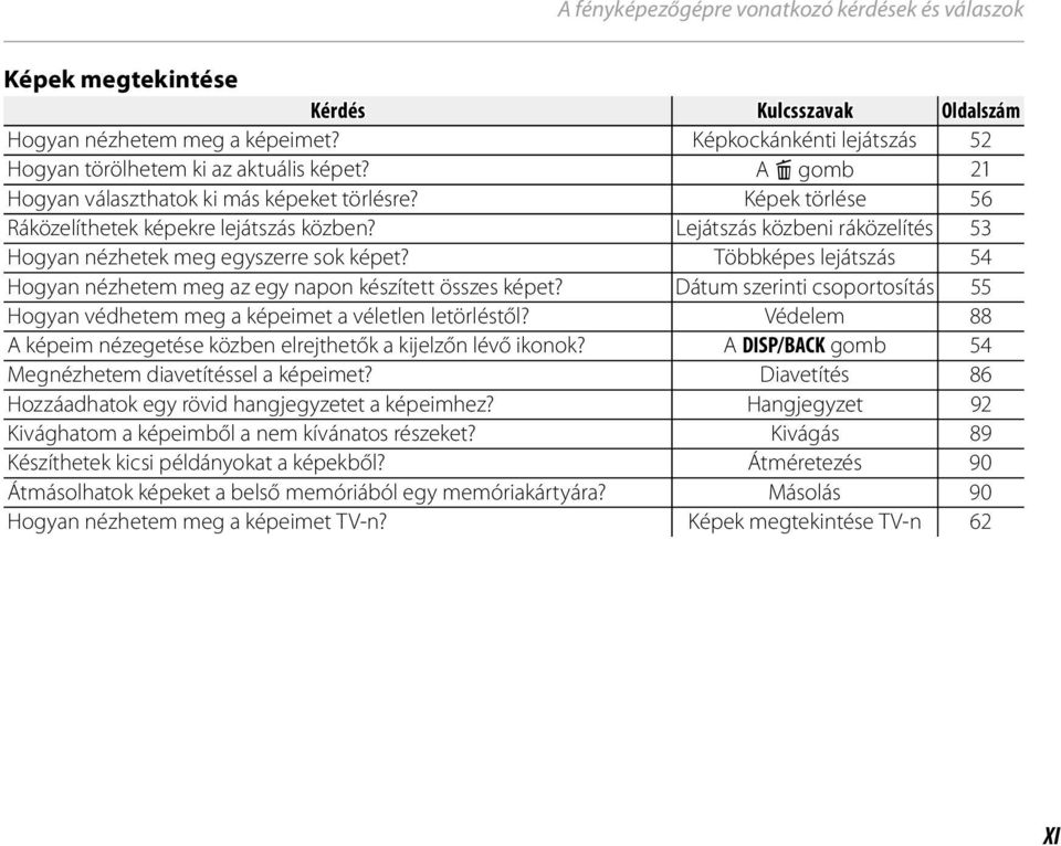 Többképes lejátszás 54 Hogyan nézhetem meg az egy napon készített összes képet? Dátum szerinti csoportosítás 55 Hogyan védhetem meg a képeimet a véletlen letörléstől?