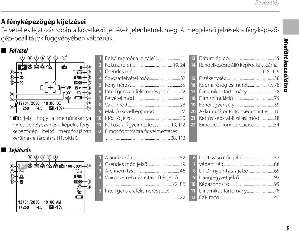 Lejátszás 12/31/2050 / 2050 10:00 AM 1/250 F4.5-1 2 3 100-0001 400 N 1 Belső memória jelzője *...11 2 Fókuszkeret... 19, 24 3 Csendes mód...19 4 Sorozatfelvétel mód...32 5 Fénymérés.