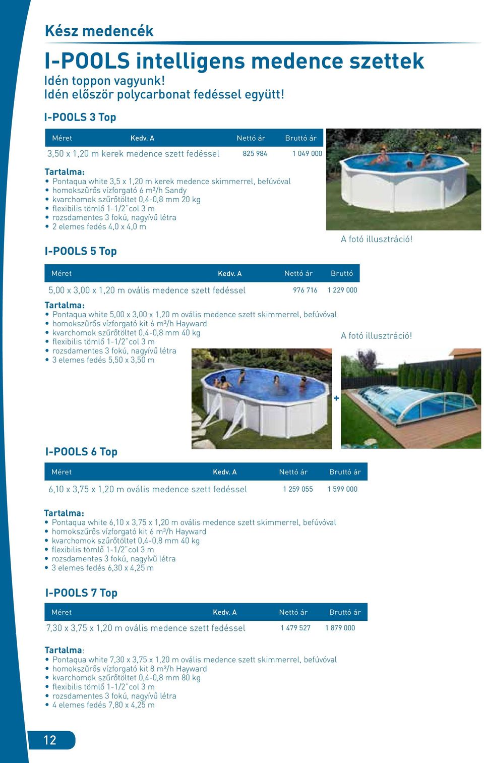 kvarchomok szűrőtöltet 0,4-0,8 mm 20 kg flexibilis tömlő 1-1/2 col 3 m rozsdamentes 3 fokú, nagyívű létra 2 elemes fedés 4,0 x 4,0 m I-POOLS 5 Top A fotó illusztráció! Méret Kedv.