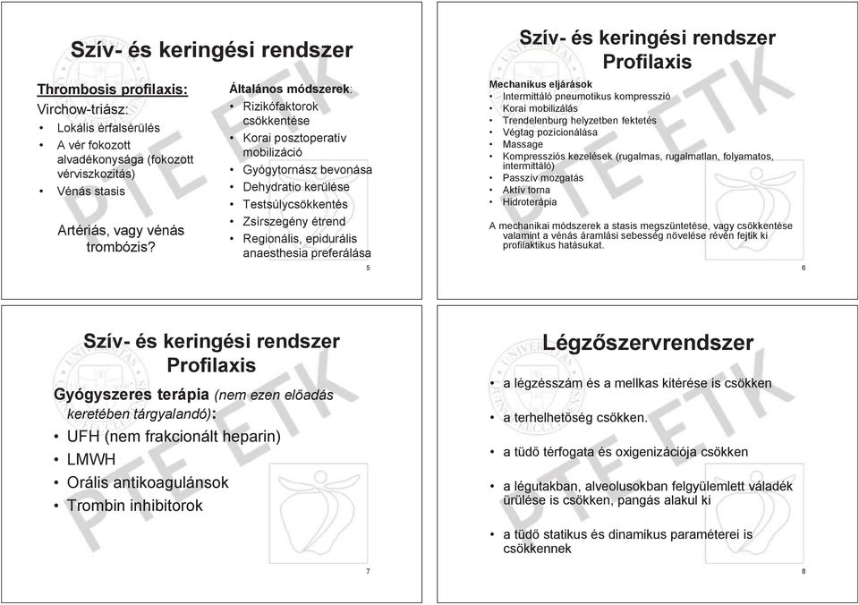 alvadékonysága (fokozott ozot ott Kompressziós kezelések (rugalmas, rugalmatlan, an, folyamatos, atos os, vérviszkozitás) itás Gyógytornász bevonása intermittáló) Passzív mozgatás Vénás stasis
