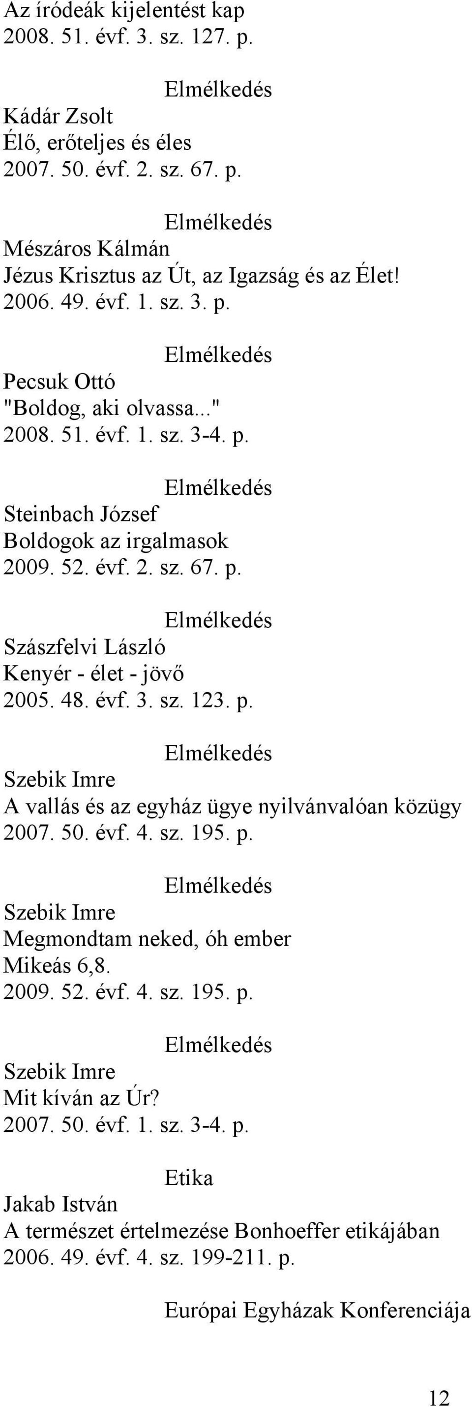 48. évf. 3. sz. 123. p. Elmélkedés Szebik Imre A vallás és az egyház ügye nyilvánvalóan közügy 2007. 50. évf. 4. sz. 195. p. Elmélkedés Szebik Imre Megmondtam neked, óh ember Mikeás 6,8. 2009. 52.