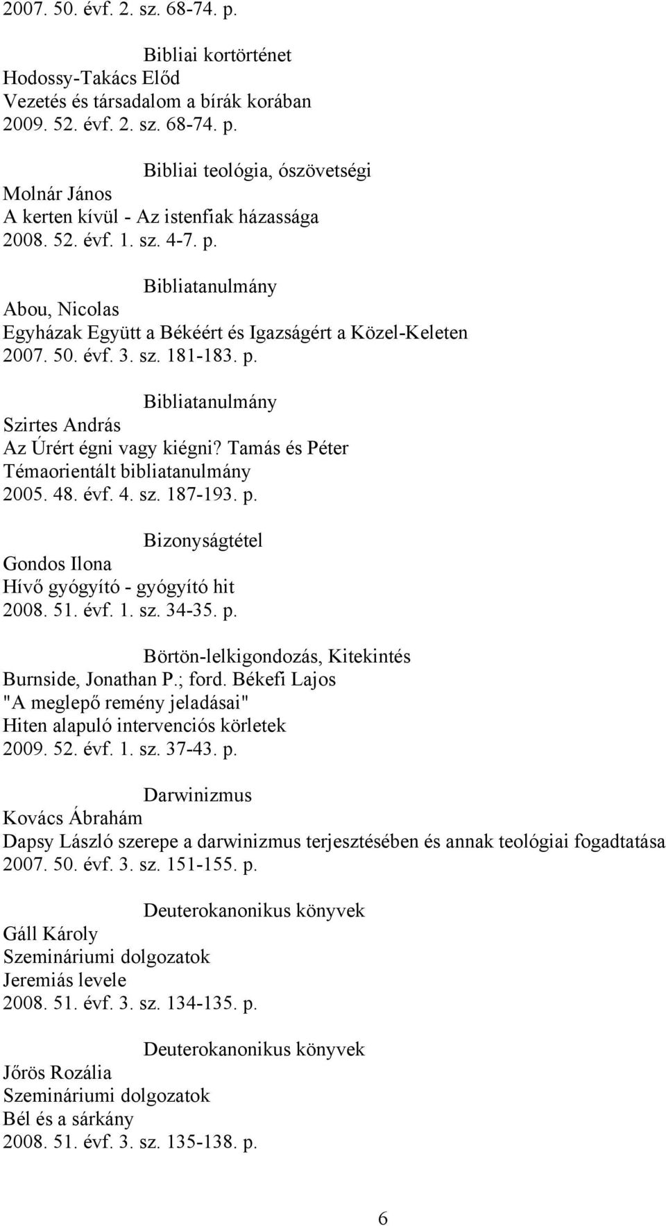 Tamás és Péter Témaorientált bibliatanulmány 2005. 48. évf. 4. sz. 187-193. p. Bizonyságtétel Gondos Ilona Hívő gyógyító - gyógyító hit 2008. 51. évf. 1. sz. 34-35. p. Börtön-lelkigondozás, Kitekintés Burnside, Jonathan P.