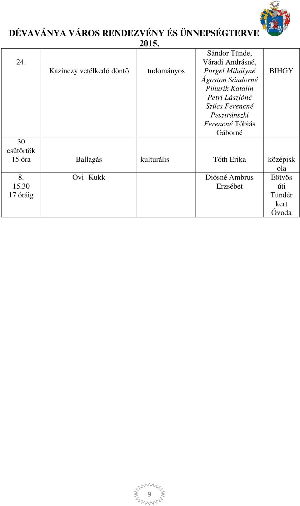 Pesztránszki Ferencné Tóbiás Gáborné 30 csütörtök 15 óra Ballagás kulturális