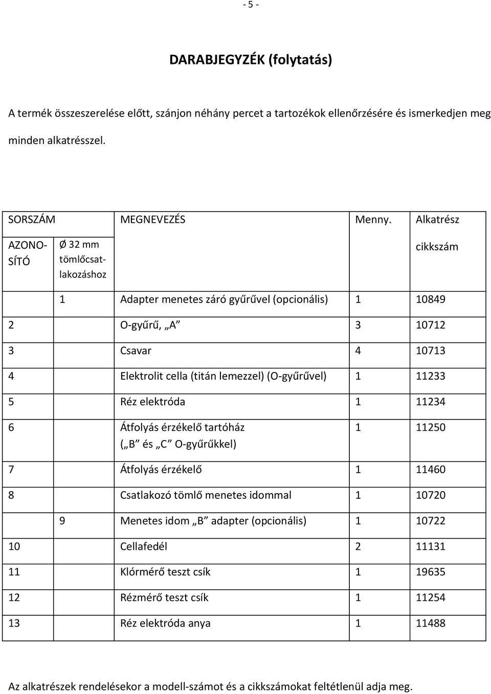 (O-gyűrűvel) 1 11233 5 Réz elektróda 1 11234 6 Átfolyás érzékelő tartóház ( B és C O-gyűrűkkel) 1 11250 7 Átfolyás érzékelő 1 11460 8 Csatlakozó tömlő menetes idommal 1 10720 9 Menetes idom B