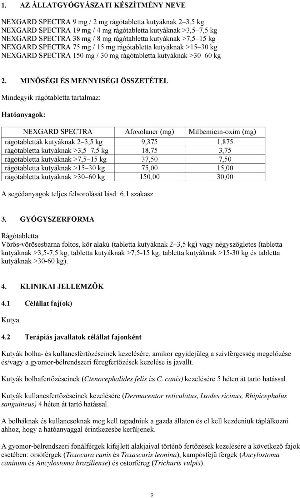 MINŐSÉGI ÉS MENNYISÉGI ÖSSZETÉTEL Mindegyik rágótabletta tartalmaz: Hatóanyagok: NEXGARD SPECTRA Afoxolaner (mg) Milbemicin-oxim (mg) rágótabletták kutyáknak 2 3,5 kg 9,375 1,875 rágótabletta