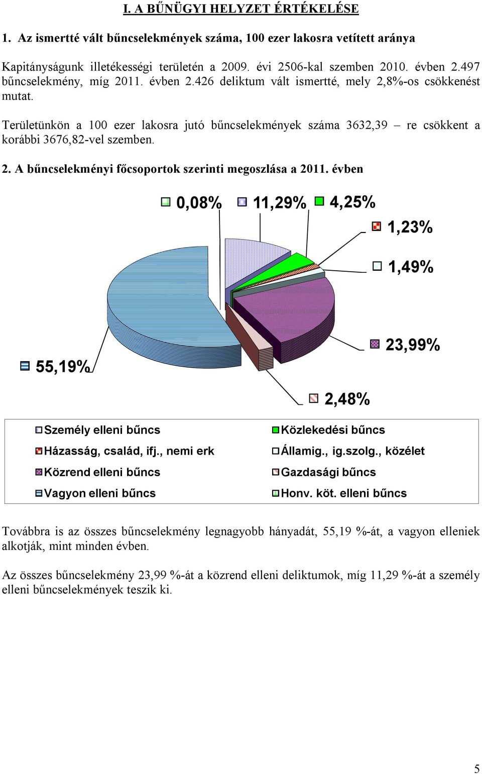 Területünkön a 100 ezer lakosra jutó bűncselekmények száma 3632,39 re csökkent a korábbi 3676,82-vel szemben. 2. A bűncselekményi főcsoportok szerinti megoszlása a 2011.