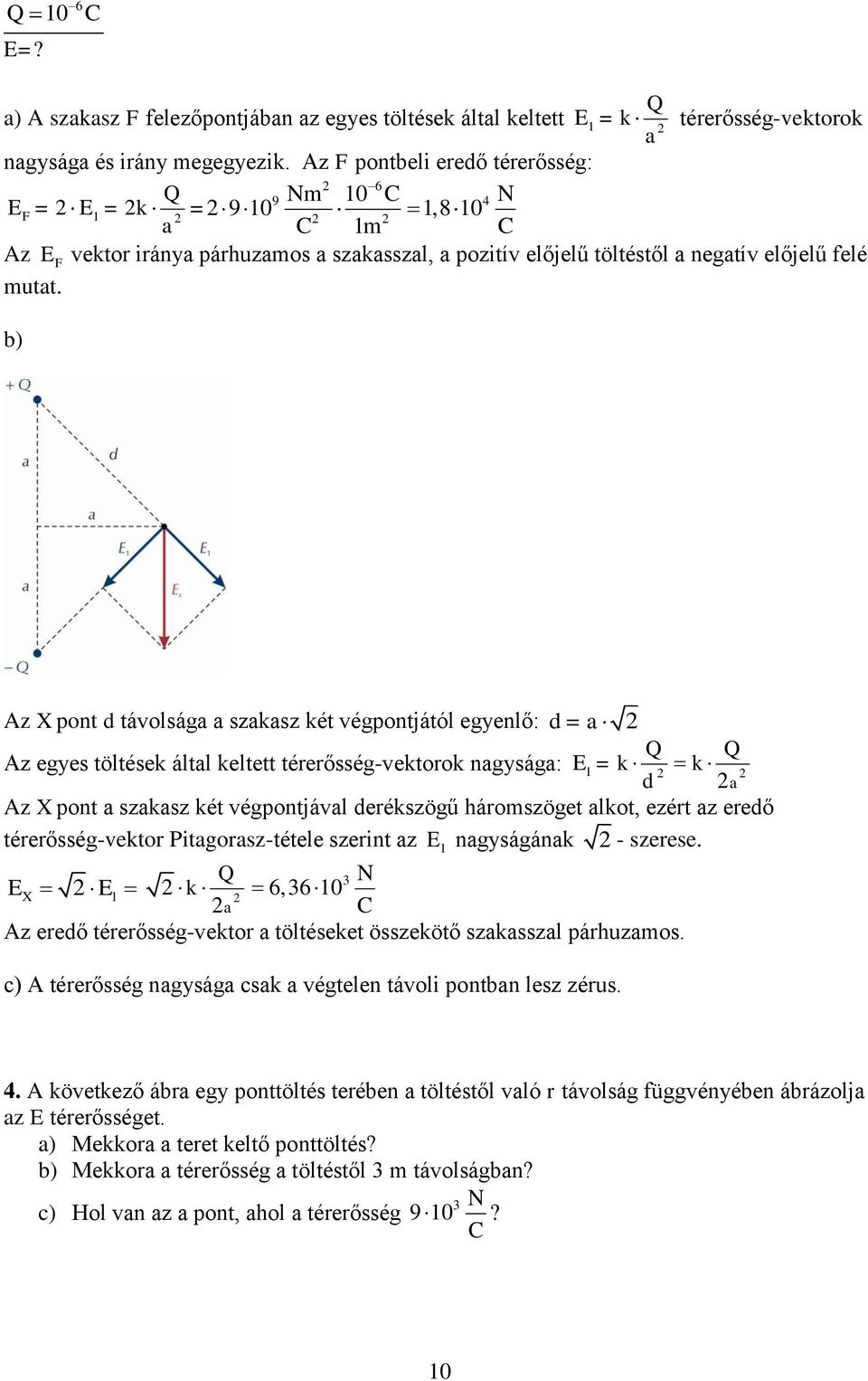 b) Az X pont d távolsága a szakasz két végpontjától egyenlő: d = a Q Q Az egyes töltések által keltett térerősség-vektorok nagysága: E = k k d a Az X pont a szakasz két végpontjával derékszögű