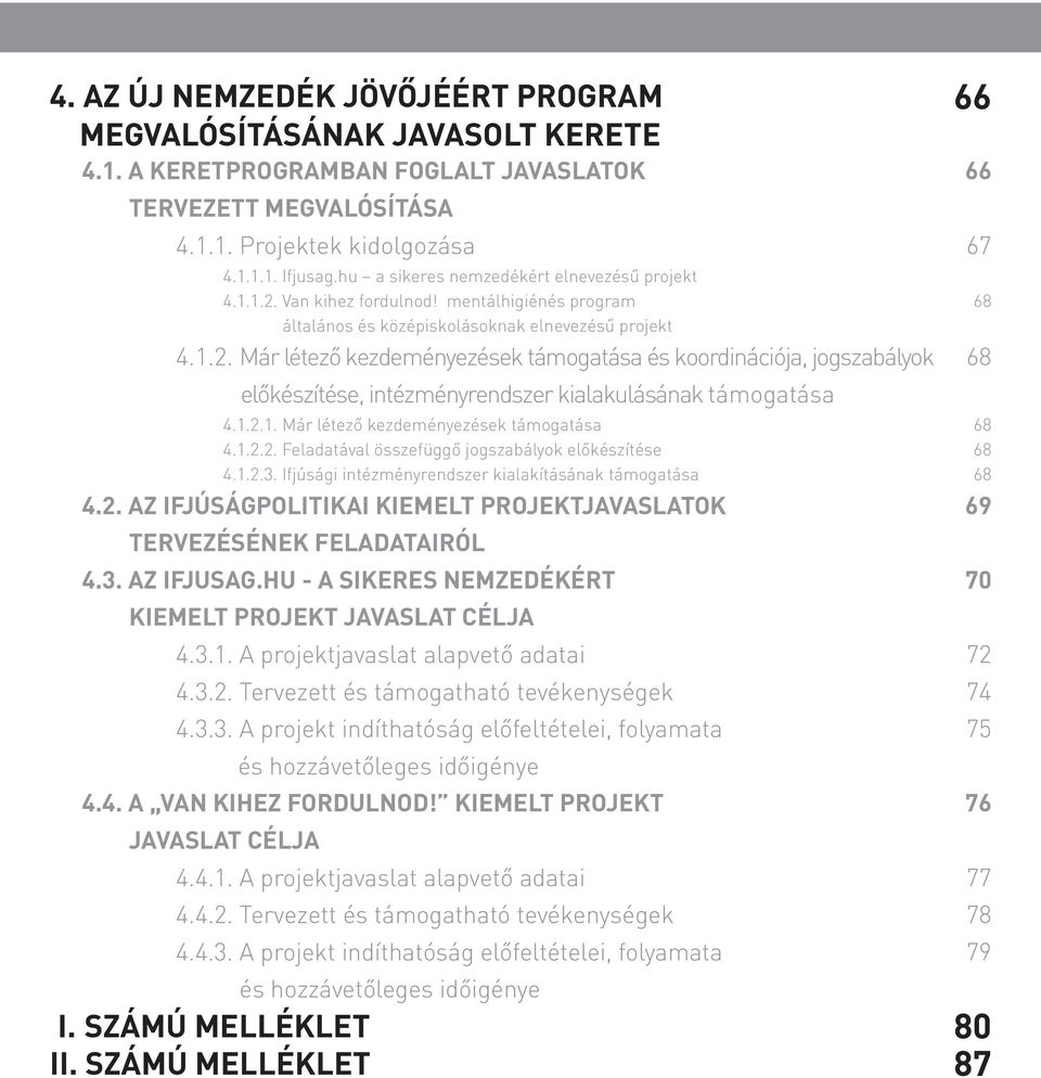 1.2.1. Már létező kezdeményezések támogatása 4.1.2.2. Feladatával összefüggő jogszabályok előkészítése 4.1.2.3. Ifjúsági intézményrendszer kialakításának támogatása 4.2. AZ IFJÚSÁGPOLITIKAI KIEMELT PROJEKTJAVASLATOK TERVEZÉSÉNEK FELADATAIRÓL 4.