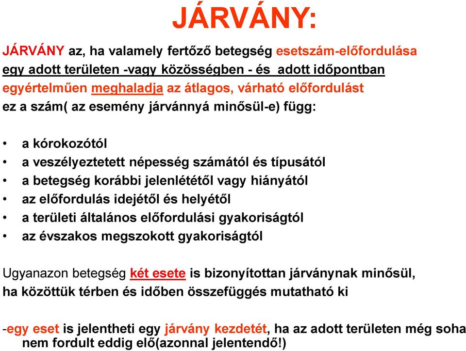 előfordulás idejétől és helyétől a területi általános előfordulási gyakoriságtól az évszakos megszokott gyakoriságtól Ugyanazon betegség két esete is bizonyítottan járványnak