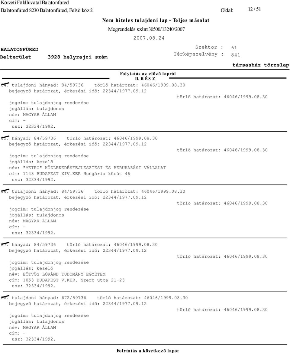 XIV.KER Hungária körút 46 86. tulajdoni hányad: 84/59736 87.