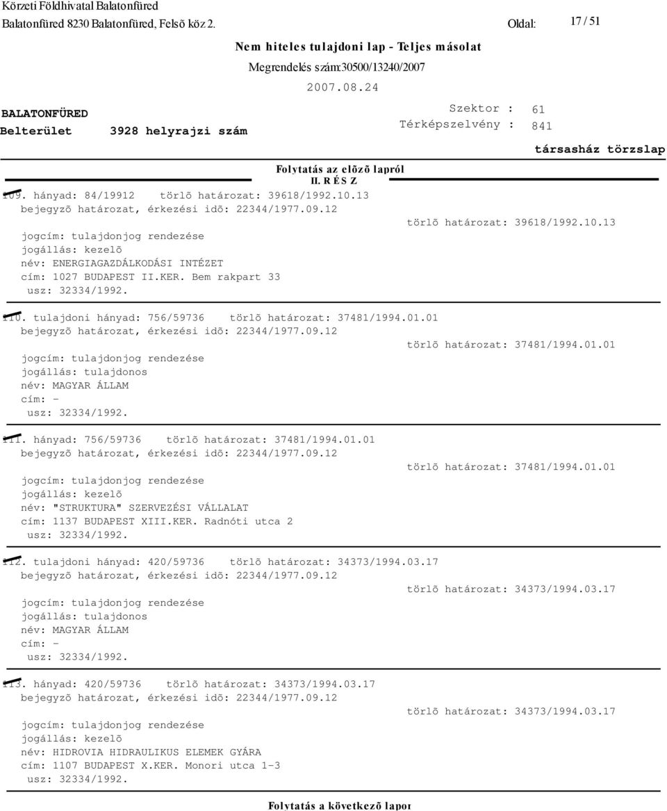 KER. Radnóti utca 2 törlõ határozat: 37481/1994.01.01 112. tulajdoni hányad: 420/59736 törlõ határozat: 34373/1994.03.17 törlõ határozat: 34373/1994.03.17 113.