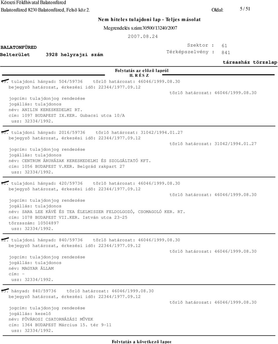 cím: 1056 BUDAPEST V.KER. Belgrád rakpart 27 51. tulajdoni hányad: 420/59736 név: SARA LEE KÁVÉ ÉS TEA ÉLELMISZER FELDOLGOZÓ, CSOMAGOLÓ KER. RT.