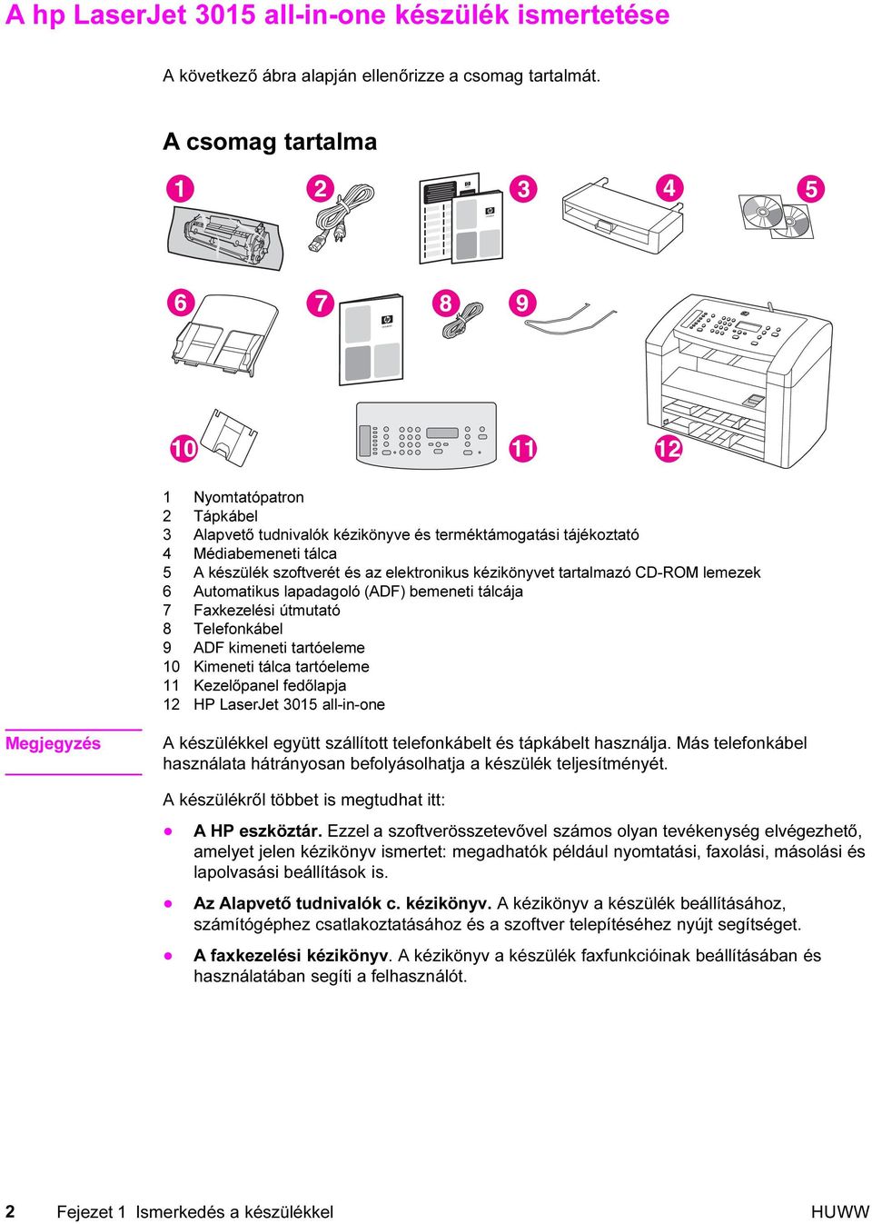 CD-ROM lemezek 6 Automatikus lapadagoló (ADF) bemeneti tálcája 7 Faxkezelési útmutató 8 Telefonkábel 9 ADF kimeneti tartóeleme 10 Kimeneti tálca tartóeleme 11 Kezelőpanel fedőlapja 12 HP LaserJet