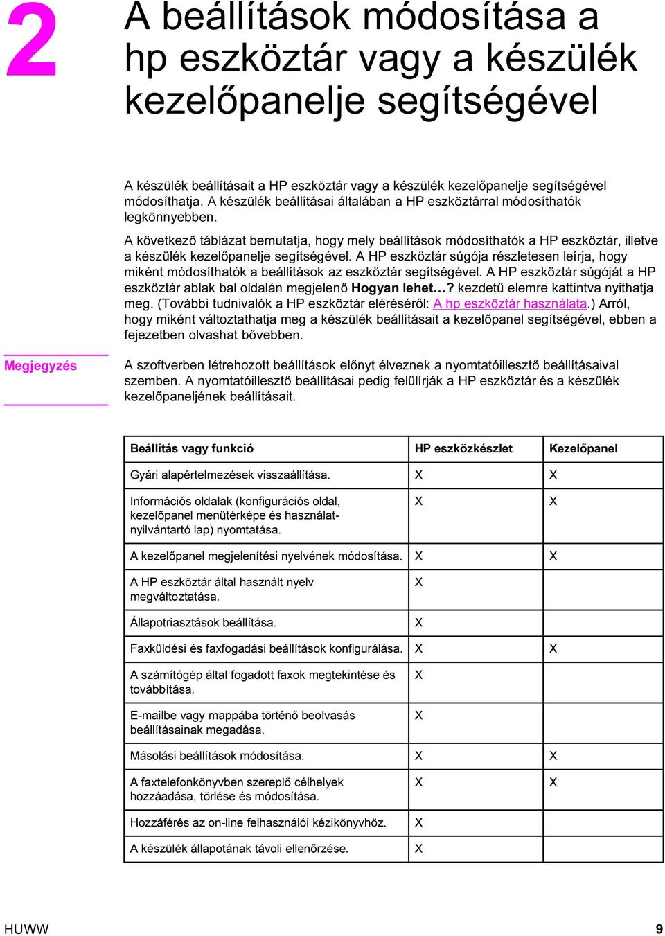 A következő táblázat bemutatja, hogy mely beállítások módosíthatók a HP eszköztár, illetve a készülék kezelőpanelje segítségével.