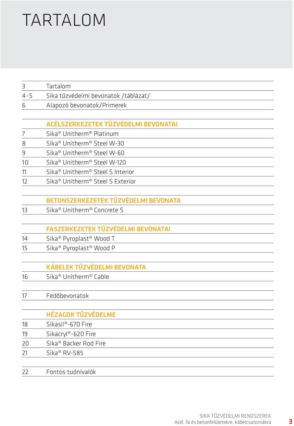 TŰZVÉDELMI BEVONATA 13 Sika Unitherm Concrete S FASZERKEZETEK TŰZVÉDELMI BEVONATAI 14 Sika Pyroplast Wood T 15 Sika Pyroplast Wood P KÁBELEK TŰZVÉDELMI BEVONATA