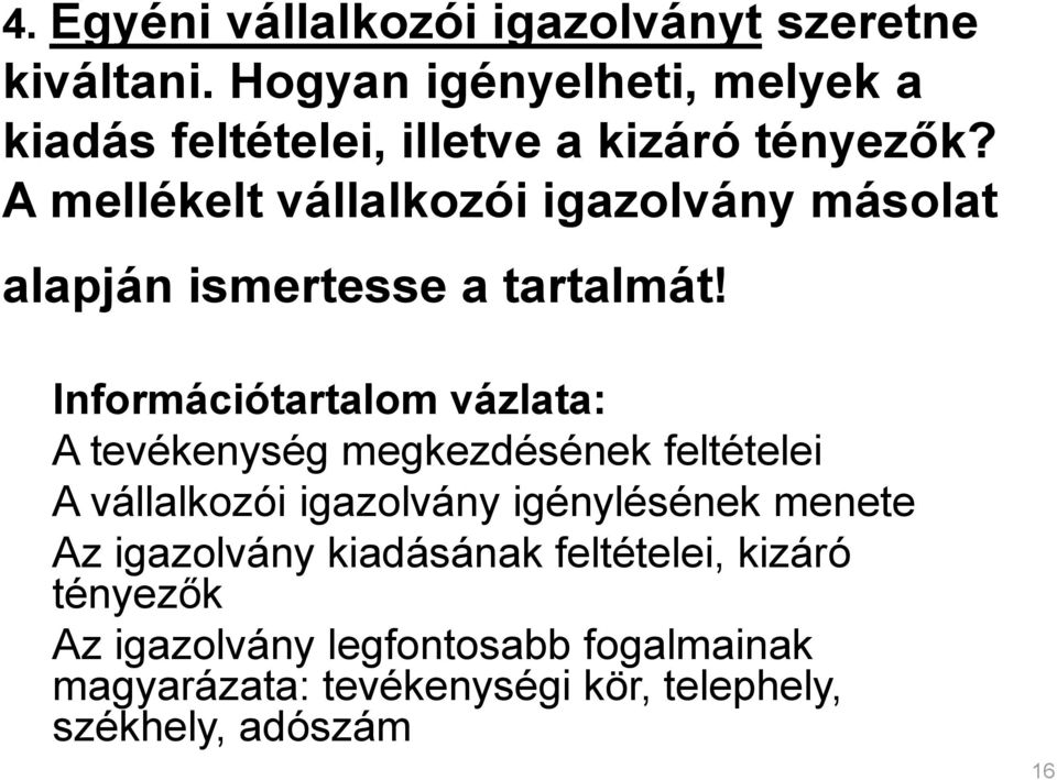 A mellékelt vállalkozói igazolvány másolat alapján ismertesse a tartalmát!