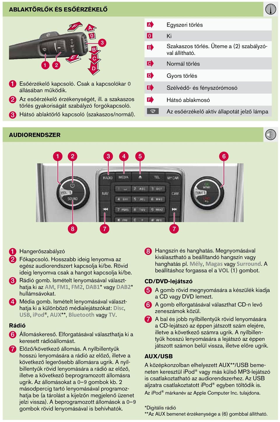 Normál törlés Gyors törlés Szélvédő- és fényszórómosó Hátsó ablakmosó Az esőérzékelő aktív állapotát jelző lámpa AUDIORENDSZER 1 Hangerőszabályzó 2 Főkapcsoló.