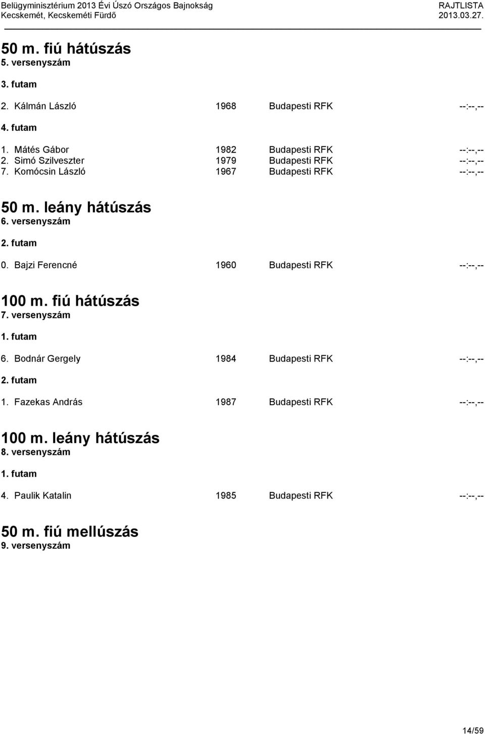 versenyszám 0. Bajzi Ferencné 1960 Budapesti RFK --:--,-- 100 m. fiú hátúszás 7. versenyszám 6.