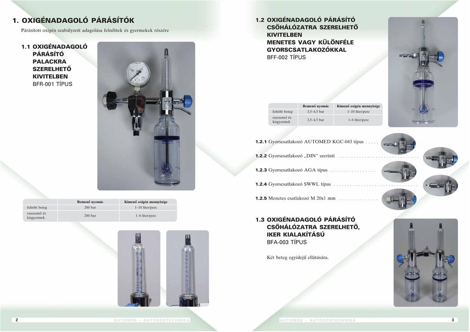 kisgyermek 3,5 4,5 bar 1 6 liter/perc 1.2.1 Gyorscsatlakozó AUTOMED KGC-043 típus..... 1.2.2 Gyorscsatlakozó DIN szerinti.............................. 1.2.3 Gyorscsatlakozó AGA típus................. 1.2.4 Gyorscsatlakozó SWWL típus.