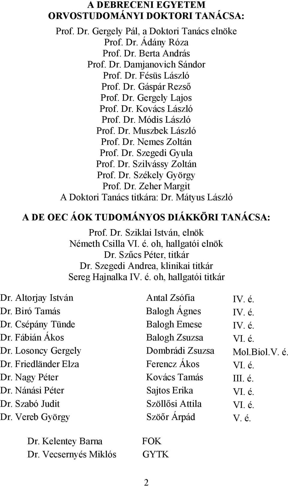 Dr. Zeher Margit A Doktori Tanács titkára: Dr. Mátyus László A DE OEC ÁOK TUDOMÁNYOS DIÁKKÖRI TANÁCSA: Prof. Dr. Sziklai István, elnök Németh Csilla VI. é. oh, hallgatói elnök Dr.