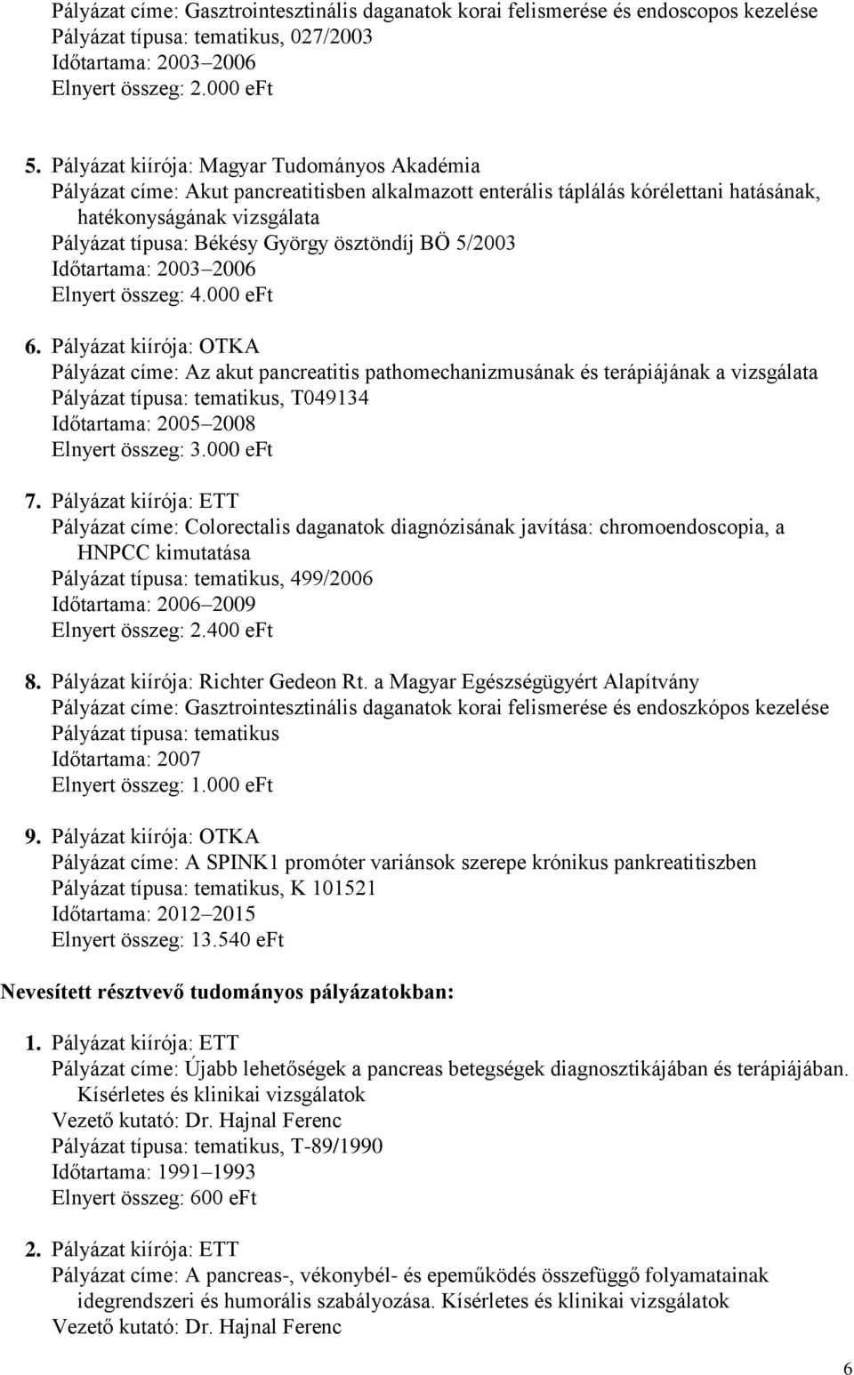 ösztöndíj BÖ 5/2003 Időtartama: 2003 2006 Elnyert összeg: 4.000 eft 6.