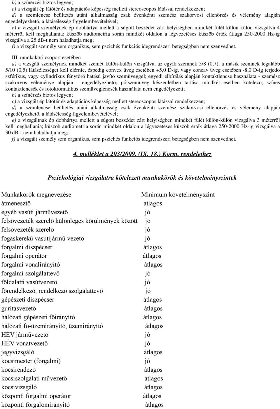 4 méterröl kell meghallania; küszöb audiometria során mindkét oldalon a légvezetéses küszöb érték átlaga 250-2000 Hz-ig vizsgálva a 25 db-t nem haladhatja meg; f) a vizsgált személy sem organikus,