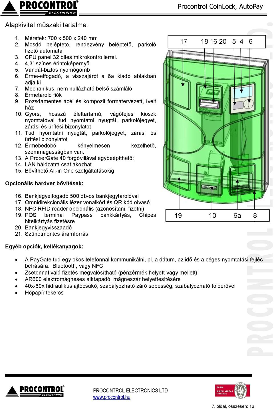 Rozsdamentes acél és kompozit formatervezett, ívelt ház 10. Gyors, hosszú élettartamú, vágófejes kioszk nyomtatóval tud nyomtatni nyugtát, parkolójegyet, zárási és ürítési bizonylatot 11.