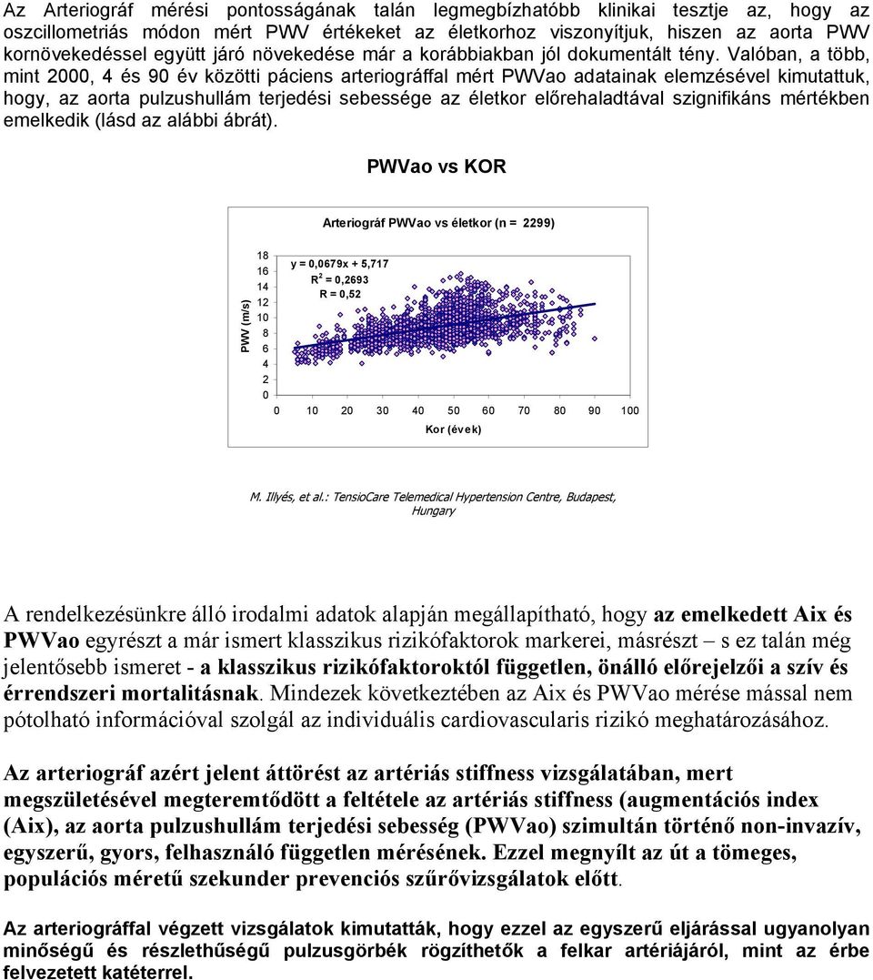 Valóban, a több, mint 2000, 4 és 90 év közötti páciens arteriográffal mért PWVao adatainak elemzésével kimutattuk, hogy, az aorta pulzushullám terjedési sebessége az életkor előrehaladtával