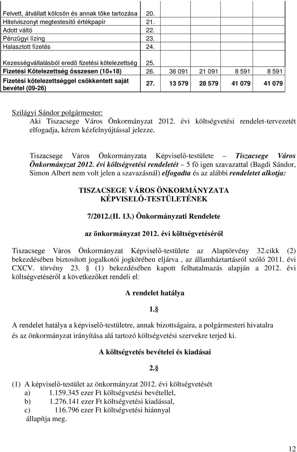 13 579 28 579 41 079 41 079 Szilágyi Sándor polgármester: Aki Tiszacsege Város Önkormányzat 2012. évi költségvetési rendelet-tervezetét elfogadja, kérem kézfelnyújtással jelezze.