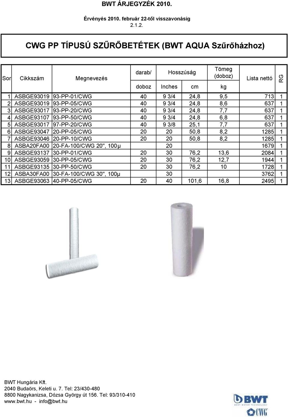 ASBGE93047 20-PP-05/CWG 20 20 50,8 8,2 1285 1 7 ASBGE93046 20-PP-10/CWG 20 20 50,8 8,2 1285 1 8 ASBA20FA00 20-FA-100/CWG 20", 100μ 20 1679 1 9 ASBGE93137 30-PP-01/CWG 20 30 76,2 13,6 2084 1 10