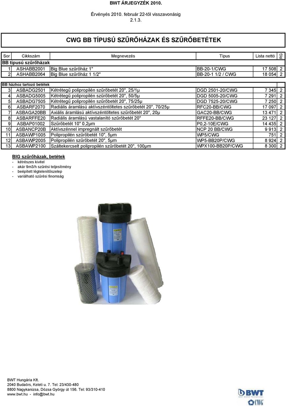 BB-20-1 1/2 / CWG 18 054 2 BB házhoz tartozó betétek 3 ASBADG2501 Kétrétegű polipropilén szűrőbetét 20", 25/1µ DGD 2501-20/CWG 7 345 2 4 ASBADG5005 Kétrétegű polipropilén szűrőbetét 20", 50/5µ DGD