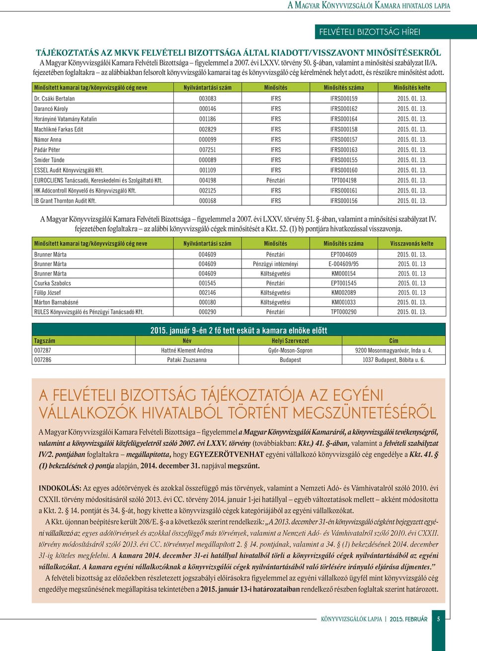 fejezetében foglaltakra az alábbiakban felsorolt könyvvizsgáló kamarai tag és könyvvizsgáló cég kérelmének helyt adott, és részükre minősítést adott.