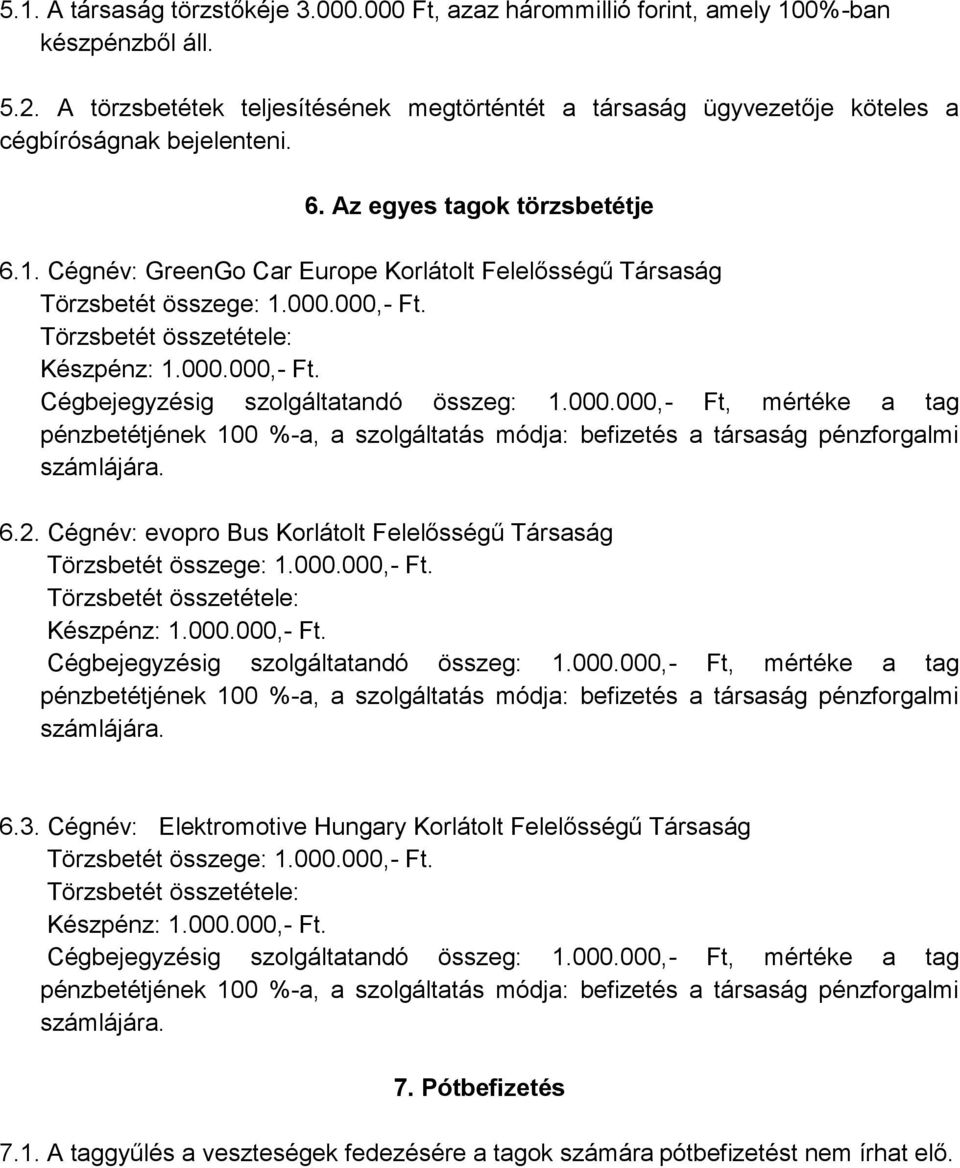 Cégnév: GreenGo Car Europe Korlátolt Felelősségű Társaság Törzsbetét összege: 1.000.000,- Ft. Törzsbetét összetétele: Készpénz: 1.000.000,- Ft. Cégbejegyzésig szolgáltatandó összeg: 1.000.000,- Ft, mértéke a tag pénzbetétjének 100 %-a, a szolgáltatás módja: befizetés a társaság pénzforgalmi számlájára.