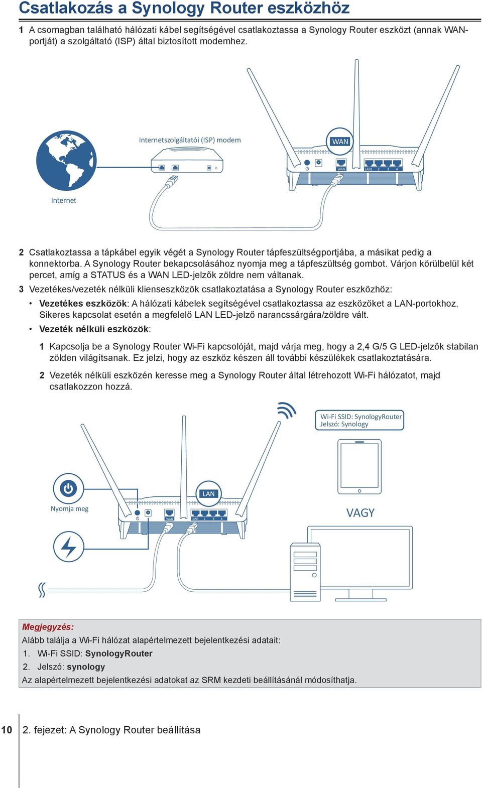 A Synology Router bekapcsolásához nyomja meg a tápfeszültség gombot. Várjon körülbelül két percet, amíg a STATUS és a WAN LED-jelzők zöldre nem váltanak.