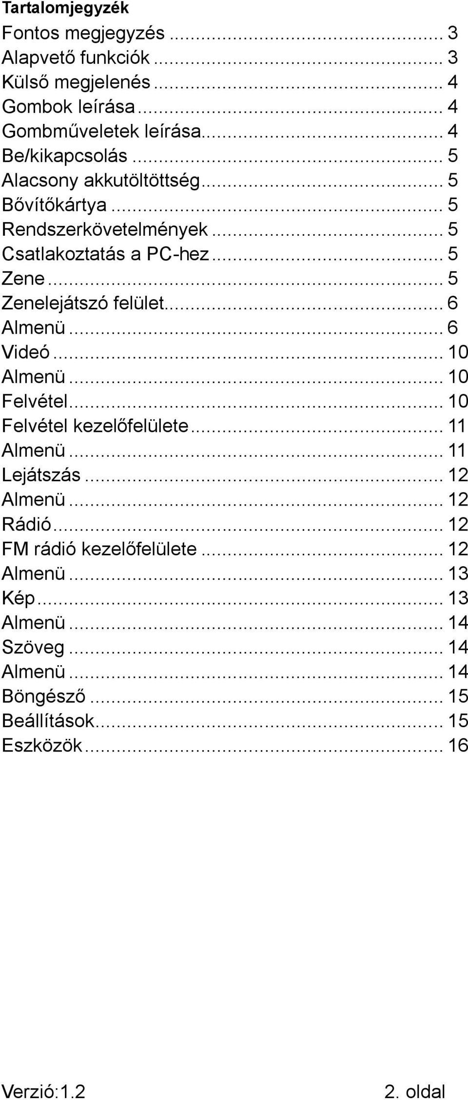 .. 6 Almenü... 6 Videó... 10 Almenü... 10 Felvétel... 10 Felvétel kezelőfelülete... 11 Almenü... 11 Lejátszás... 12 Almenü... 12 Rádió.