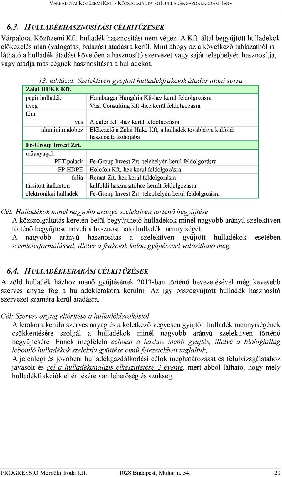 táblázat: Szelektíven gyűjtött hulladékfrakciók átadás utáni sorsa Zalai HUKE Kft. papír hulladék Hamburger Hungária Kft-hez kerül feldolgozásra üveg Vasi Consulting Kft.