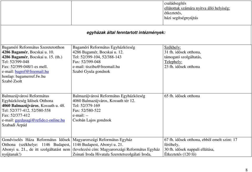 12. Tel: 52/399-104, 52/388-143 Fax: 52/399-048 e-mail: tisziba@freemail.hu Szabó Gyula gondnok 31 fh. idısek otthona, támogató szolgáltatás, Telephely: 23 fh.