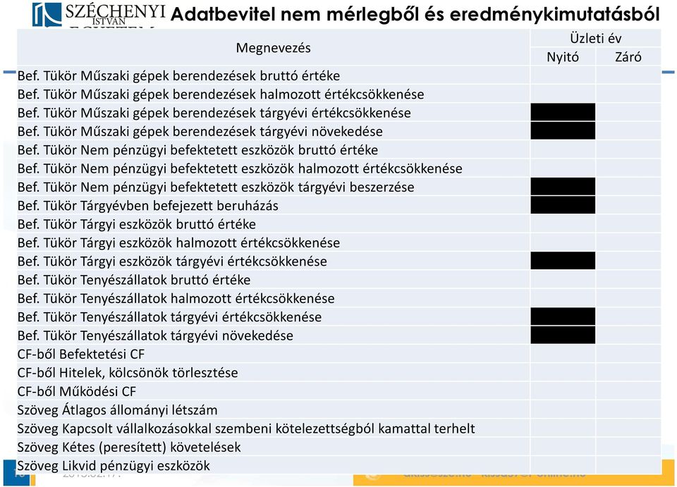 Tükör Nem pénzügyi befektetett eszközök halmozott értékcsökkenése Bef. Tükör Nem pénzügyi befektetett eszközök tárgyévi beszerzése Bef. Tükör Tárgyévben befejezett beruházás Bef.