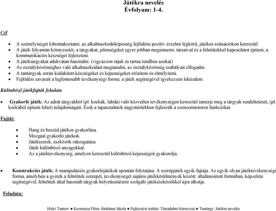 A játéktárgyakat adekvátan használni. (vigyázzon rájuk és tartsa rendben azokat) Az osztályközösséghez való alkalmazkodást megtanulni, az osztályközösség szabályait elfogadni.