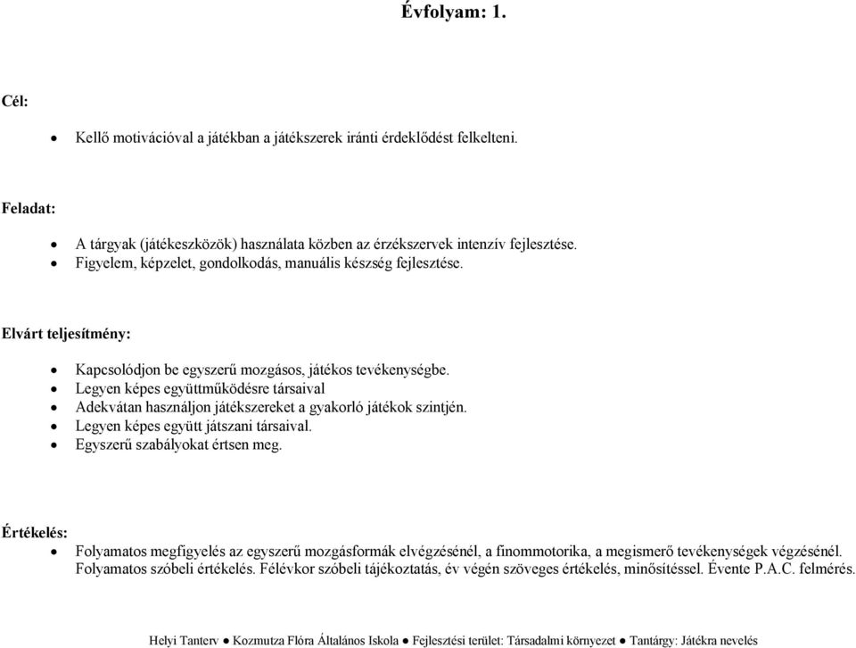 tevékenységbe. Legyen képes együttműködésre társaival Adekvátan használjon játékszereket a gyakorló játékok szintjén. Legyen képes együtt játszani társaival.