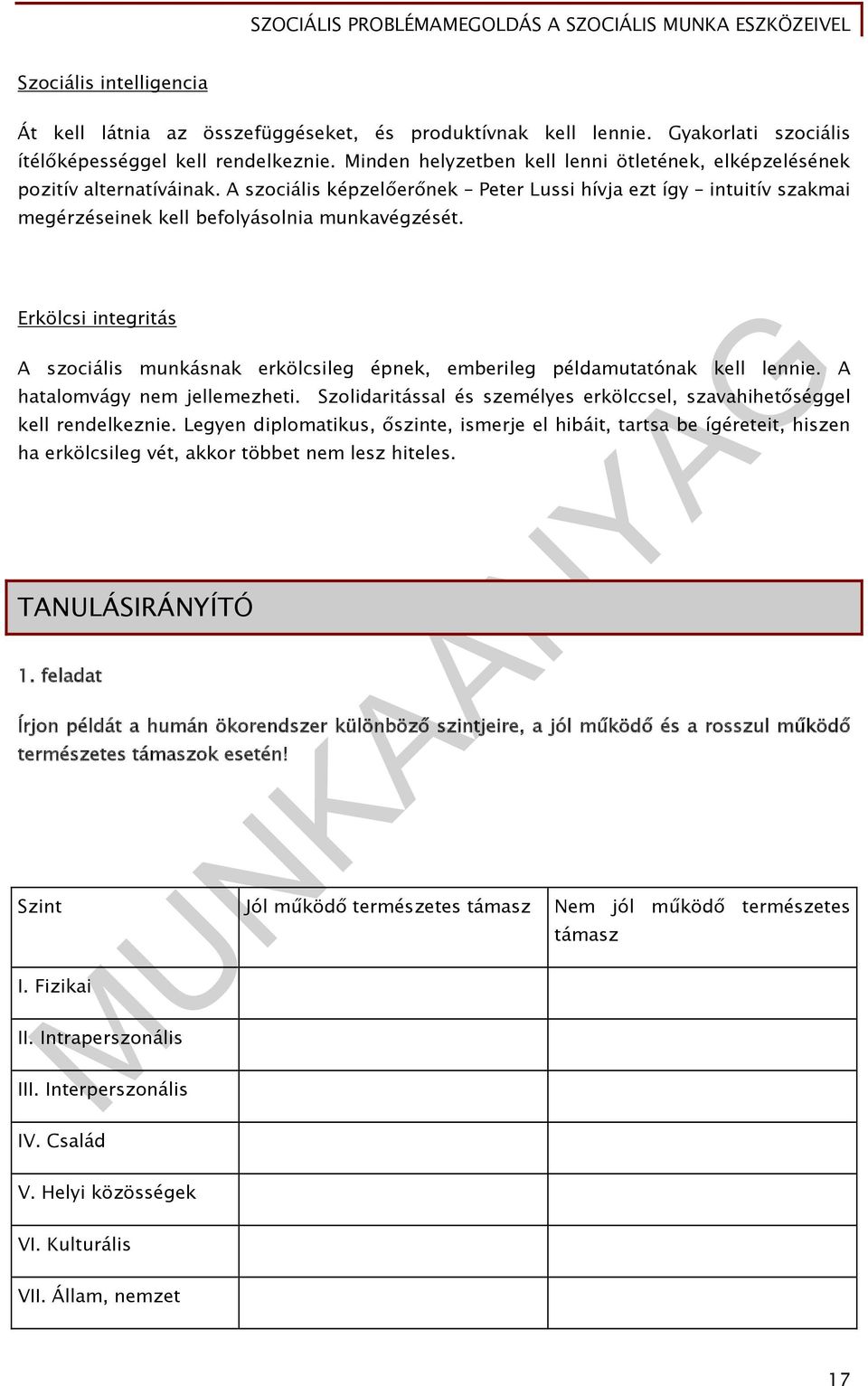 Erkölcsi integritás A szociális munkásnak erkölcsileg épnek, emberileg példamutatónak kell lennie. A hatalomvágy nem jellemezheti.