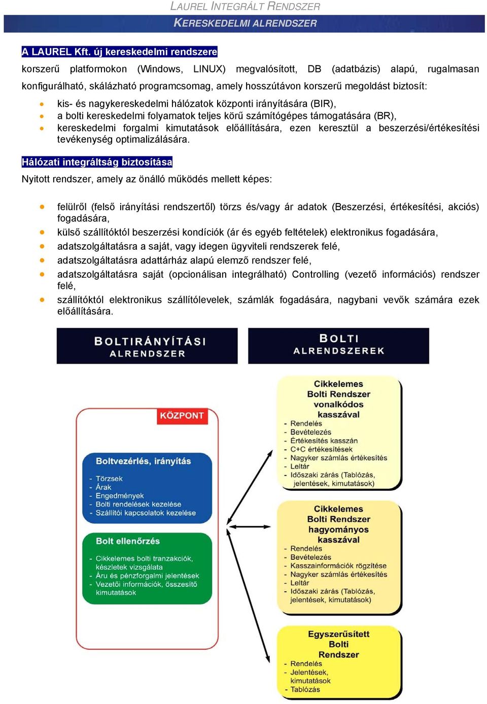 biztosít: kis- és nagykereskedelmi hálózatok központi irányítására (BIR), a bolti kereskedelmi folyamatok teljes körű számítógépes támogatására (BR), kereskedelmi forgalmi kimutatások előállítására,