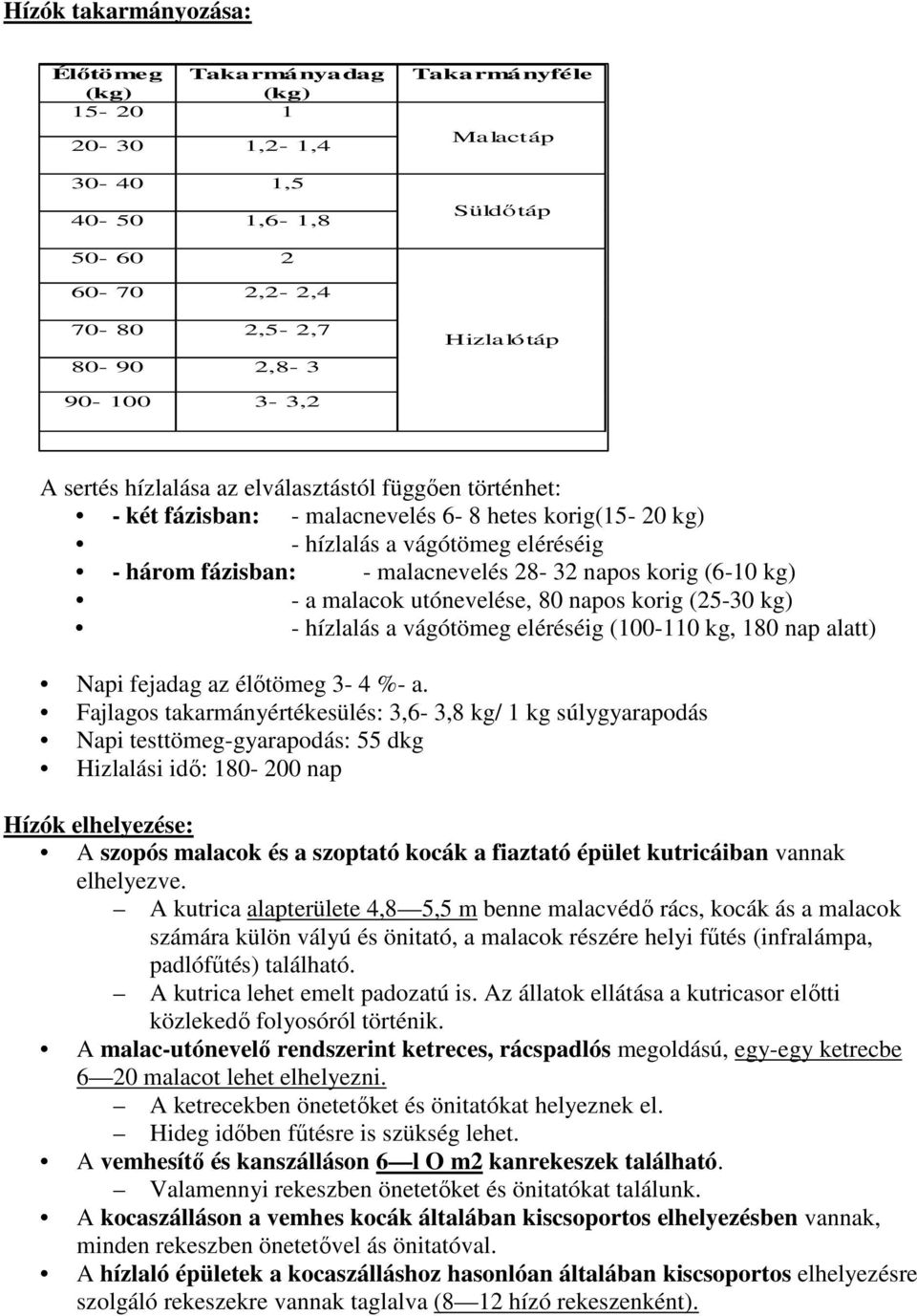 korig (6-10 kg) - a malacok utónevelése, 80 napos korig (25-30 kg) - hízlalás a vágótömeg eléréséig (100-110 kg, 180 nap alatt) Napi fejadag az élőtömeg 3-4 %- a.