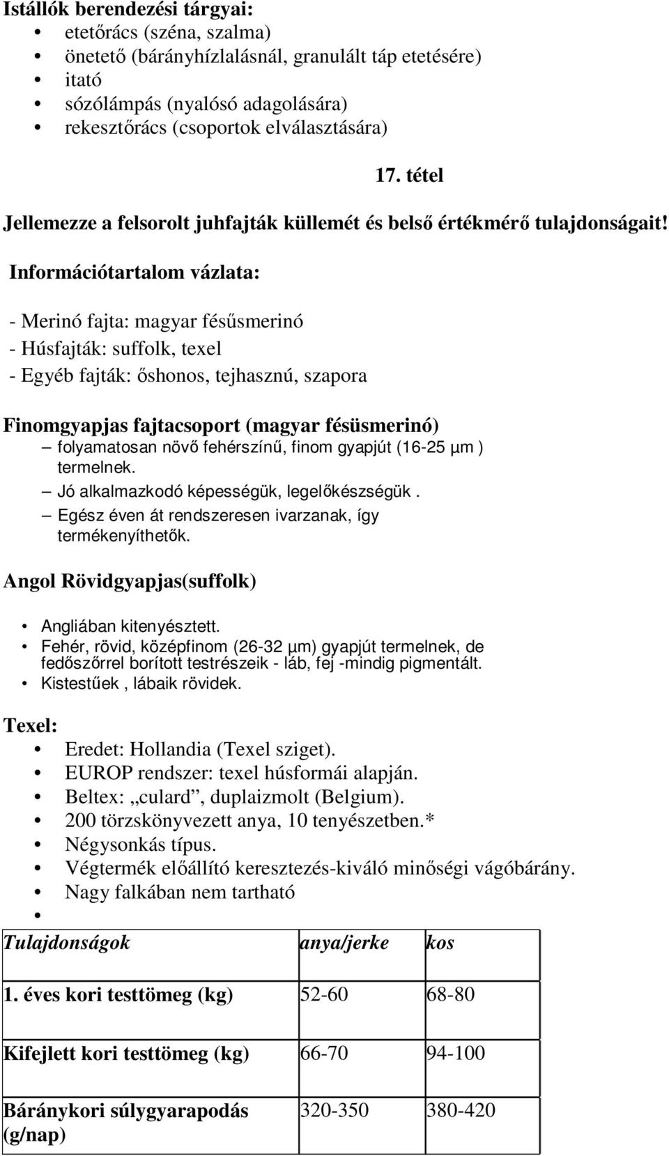 - Merinó fajta: magyar fésűsmerinó - Húsfajták: suffolk, texel - Egyéb fajták: őshonos, tejhasznú, szapora Finomgyapjas fajtacsoport (magyar fésüsmerinó) folyamatosan növő fehérszínű, finom gyapjút