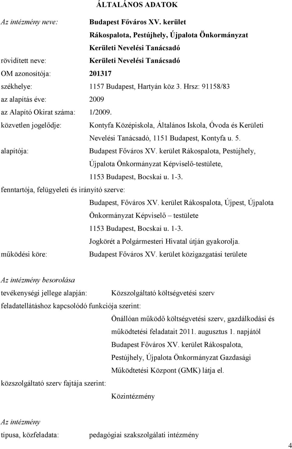 Hrsz: 91158/83 az alapítás éve: 2009 az Alapító Okirat száma: 1/2009. közvetlen jogelődje: Kontyfa Középiskola, Általános Iskola, Óvoda és Kerületi Nevelési Tanácsadó, 1151 Budapest, Kontyfa u. 5.