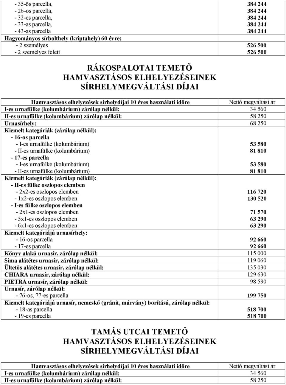 (kolumbárium) - II-es urnafülke (kolumbárium) - 17-es parcella - I-es urnafülke (kolumbárium) - II-es urnafülke (kolumbárium) - 2x2-es oszlopos elemben - 1x2-es oszlopos elemben - 2x1-es oszlopos