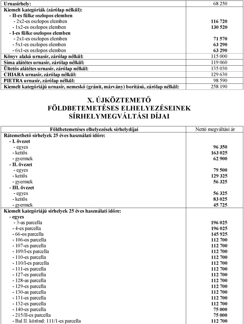 nélkül: 98 590 Kiemelt kategóriájú urnasír, nemeskő (gránit, márvány) borítású, zárólap nélkül: 258 190 X. ÚJKÖZTEMETŐ FÖLDBETEMETÉSES ELHELYEZÉSEINEK Földbetemetéses elhelyezések sírhelydíjai - III.